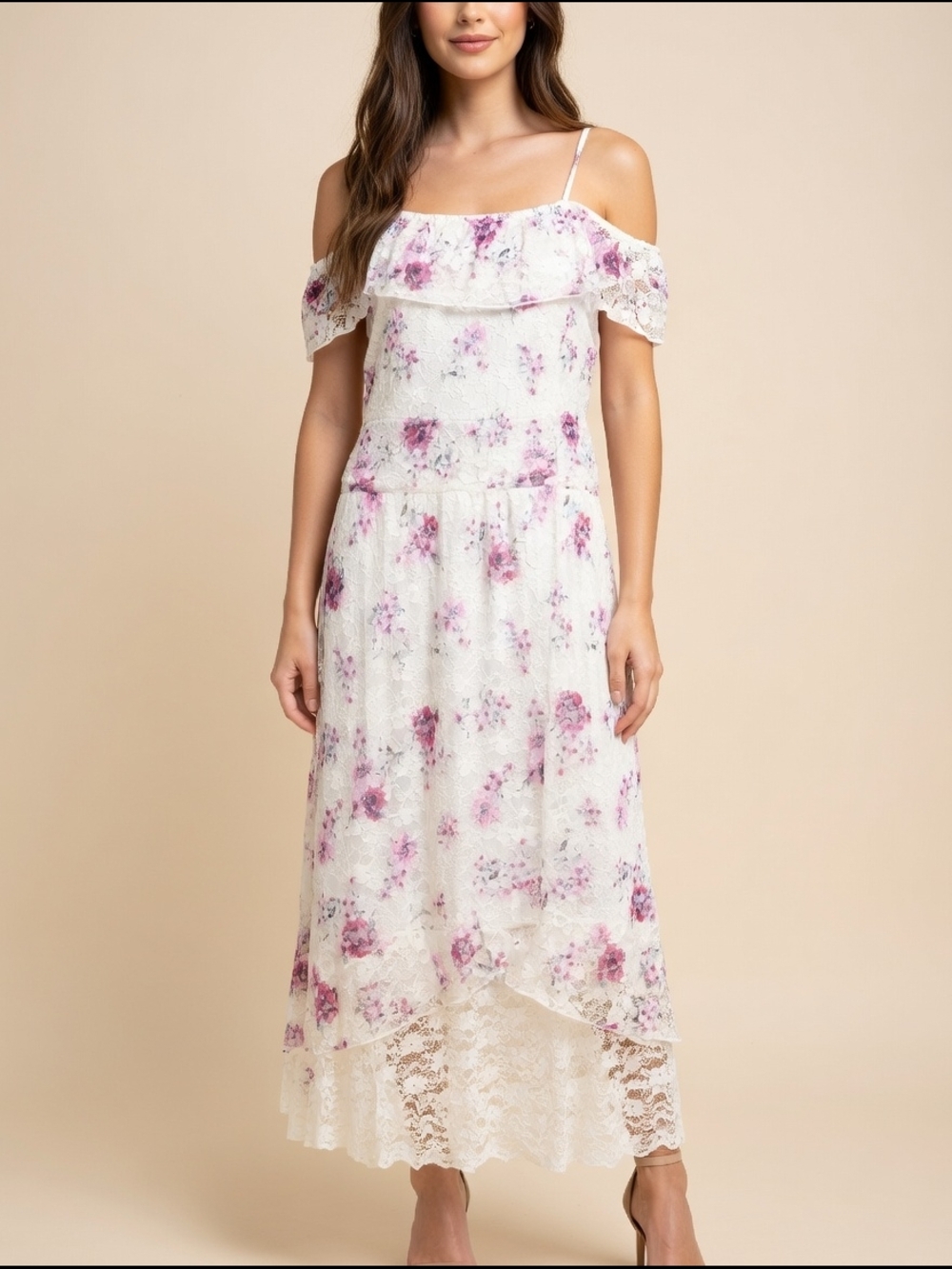 Floral Lace Off-Shoulder Maxi Dress - White & Pink